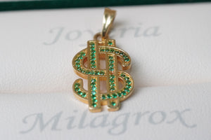 Dije símbolo dólar con circones verdes en oro 18 quilates Dije símbolo dólar con circones verdes en oro 18 quilates