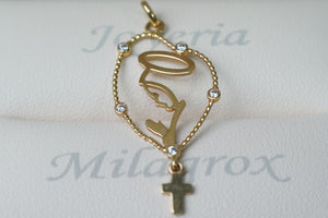 Dije Rosario Virgen María con circones blancos en oro 18 quilates